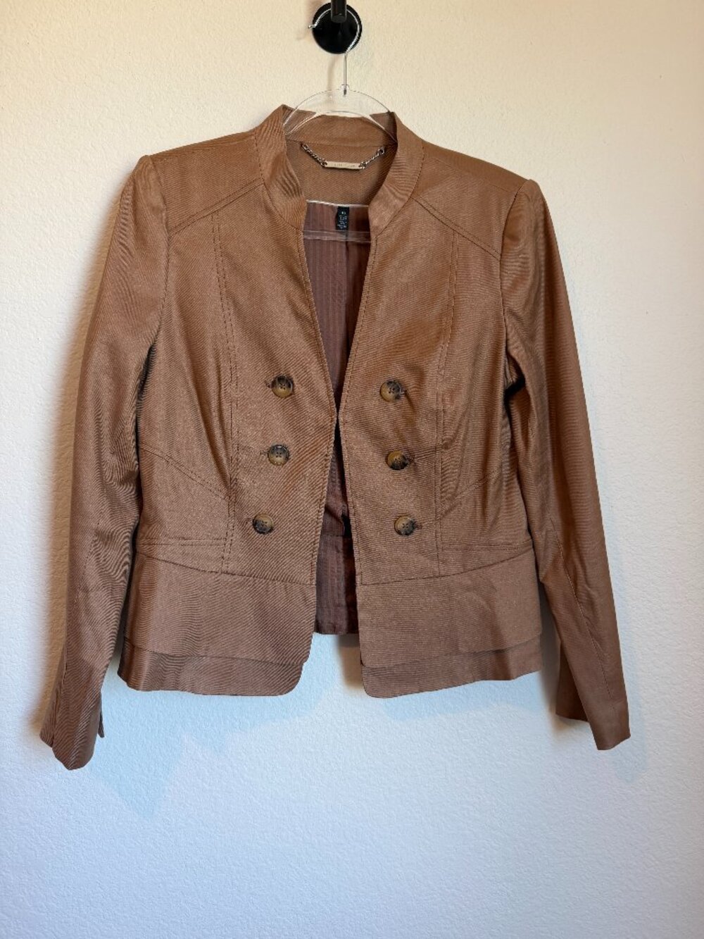 White House Black Market Linen Blend Military Blazer Copper Tan Jacket Sz 10 - Picture 2 of 9